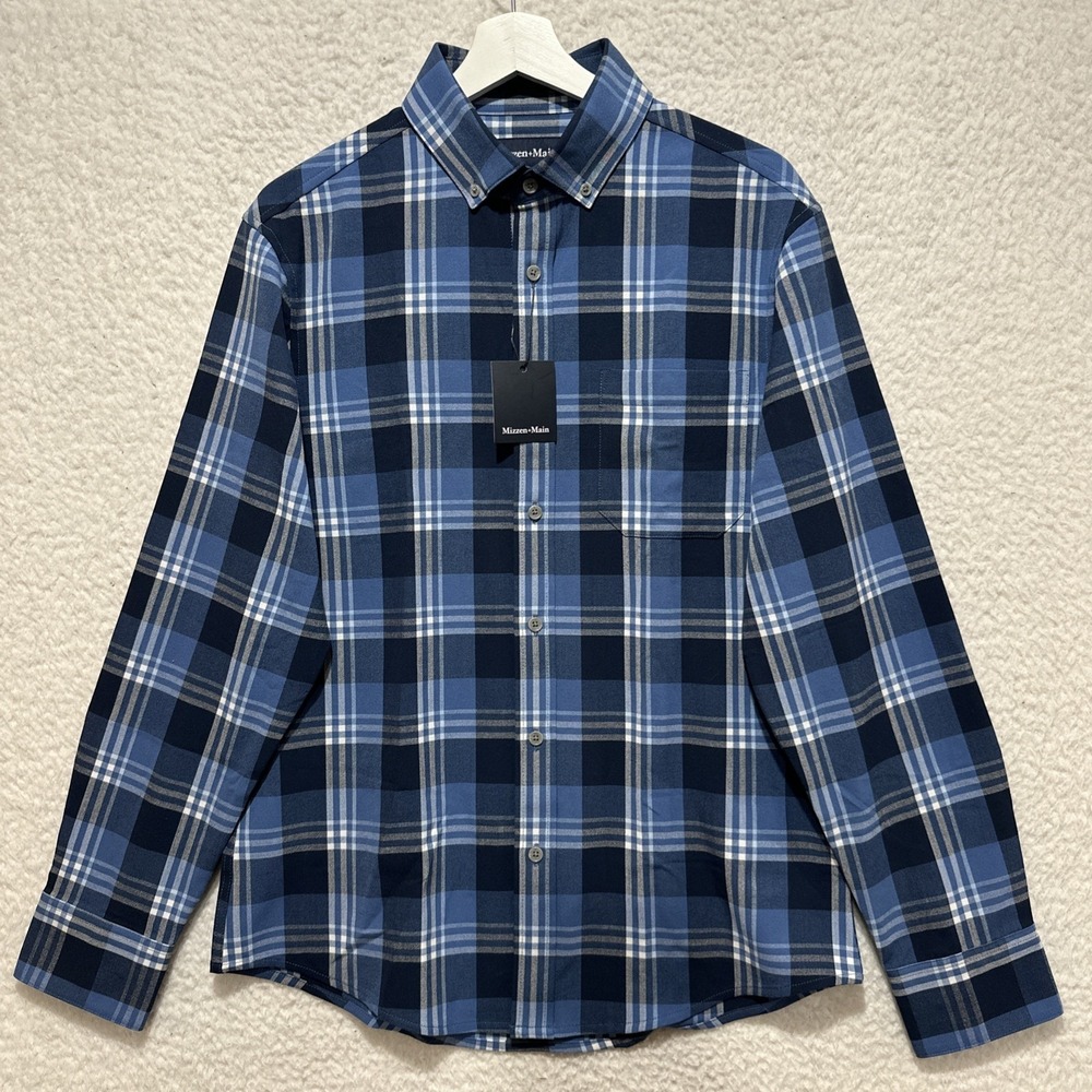 Mizzen+Main Men's Medium Trim City Flannel Denim Blue William Plaid‎ Blue NWT